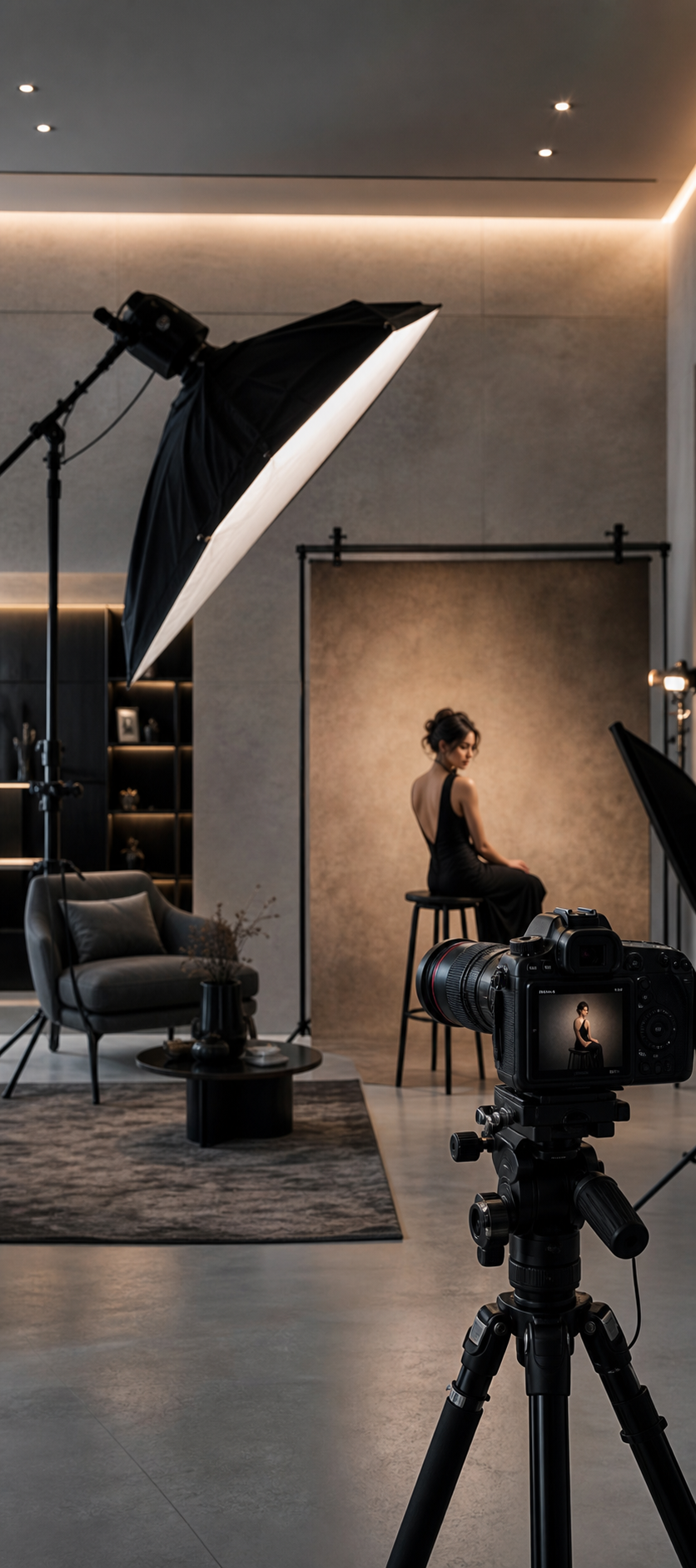 Premium photography studio with camera, lights and portrait setup